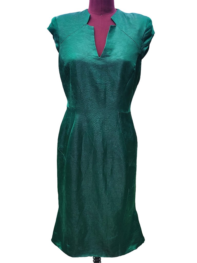 Zac Posen Dress Green Metallic Silk Cap Sleeve V Neck Knee Length 10